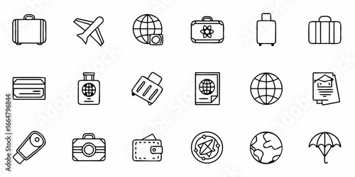 Outline icons depicting travel related items such as luggage airplane and passport in black and white