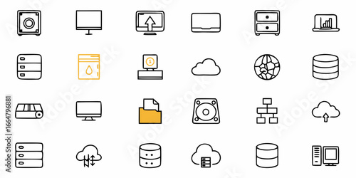 Illustration of various technology and data storage icons in a minimalist style design layout