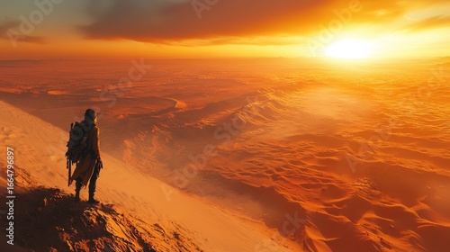 A solo traveler standing on the edge of a vast desert, watching the sun rise over the endless sand dunes.  