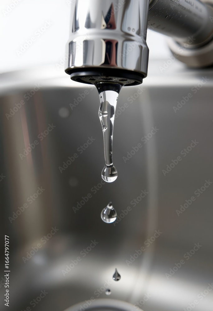 Water dripping from a stainless steel sink pipe, isolated on white. Clean background highlights the leak. Water dripping from a stainless steel sink pipe, isolated on white. Clean background highlights the leak.