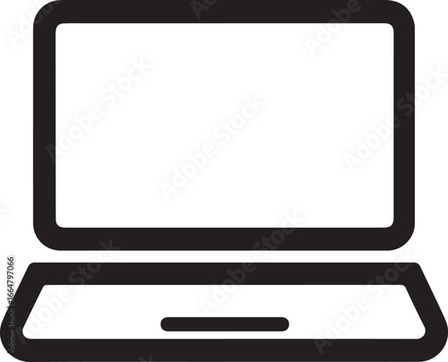 Laptop computer icon silhouette, simple black notebook PC symbol isolated on white background, flat illustration for technology, digital devices, internet, work, or education design
