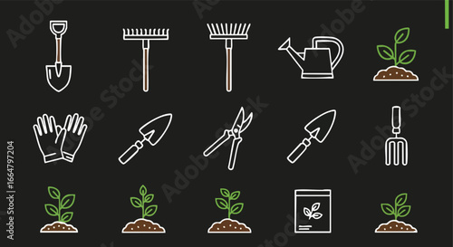 Minimalist Garden Tool Icons: Cultivating Growth and Nature's Embrace with Essential Equipment for Flourishing Spaces
