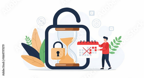 Time Management and Deadline Security Concept: An artistic illustration with a hourglass inside a locked padlock, next to a person crossing off a calendar.