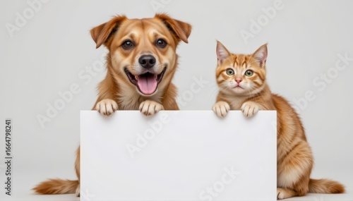 Happy dog and cat sitting atop a blank white banner, ready for text or logo.  Perfect for pet adoption, veterinary, or pet product advertising.