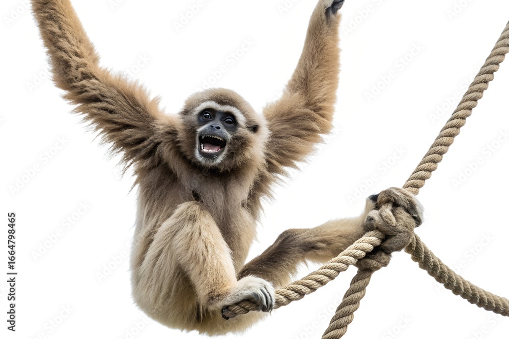 Naklejka premium A baby pileated gibbon with a white face looks up from a pile of brown fur in the wild