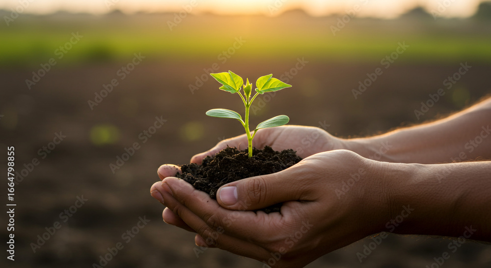 Fototapeta premium Hands cradling a new plant, symbolizing growth, nature, and environmental care in golden light