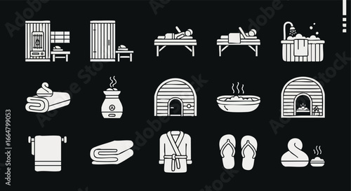Relaxation and wellness concept showcasing sauna, massage, and spa treatments with minimalist icons against a dark background