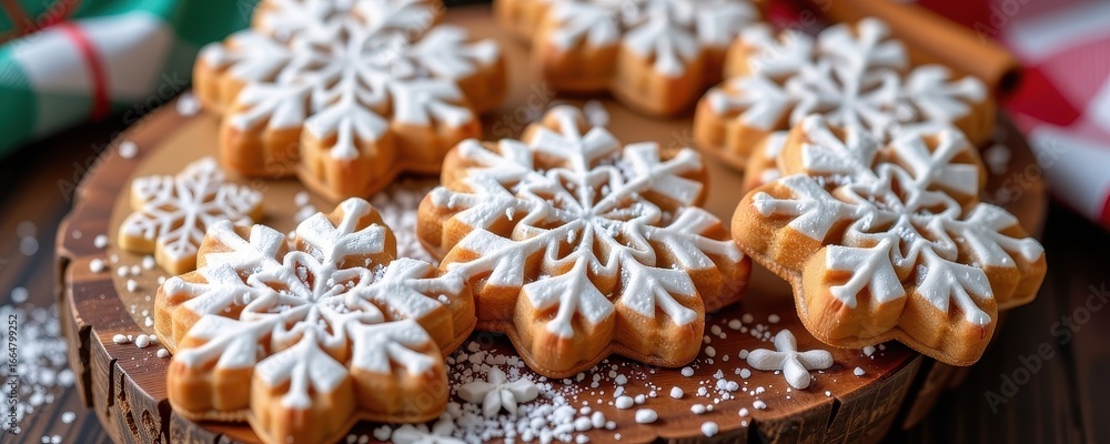 Fototapeta premium Warm, spiced Christmas cinnamon cookies, dusted with powdered sugar, arranged on a rustic wooden board, golden, confectionery, background