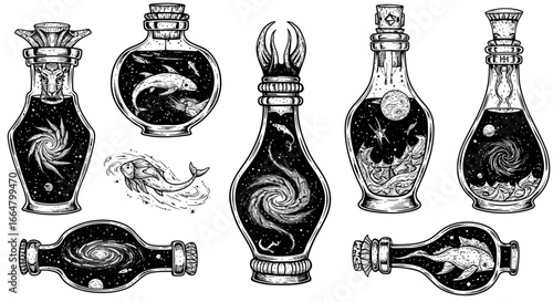 Surreal cosmic scenes in bottles featuring whales and galaxies in monochrome vintage style