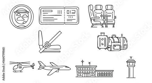 Minimalist outline illustration showcasing various air travel elements and infrastructure symbolizing aviation journey, emphasizing simplicity and