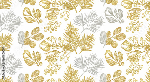 Elegant seamless pattern featuring gold and silver botanical elements on white background