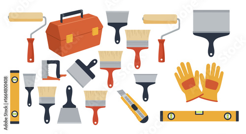 Flat design set of painting and construction tools with accessories and toolbox