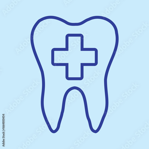 Tooth icon symbol with a medical cross outline flat design style. Tooth simple sign on blue. Dentist cocnept. Modern, minimalist icon in line blue color. Web site and mobile app design element.