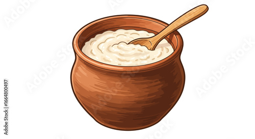 Rustic clay pot with creamy yogurt and wooden spoon on white background