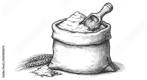 Rustic flour sack with wooden scoop in detailed vintage style