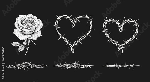 Barbed wire heart designs with rose on black background