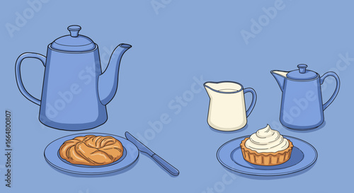 Blue tea set with croissant and cream tart on plates against soft blue background
