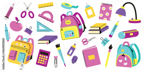 School set elements: stationery, notebooks, pencils, backpacks in flat cartoon style. Perfect for banners, social media, and promotional materials.vector flat cartoon illustration