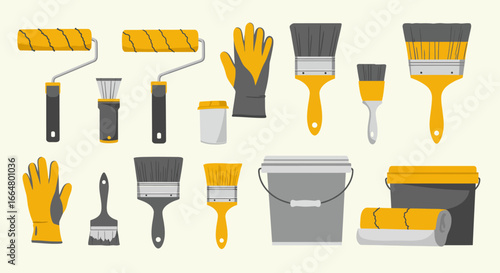 Essential painting tools collection with brushes, rollers, and accessories in flat design