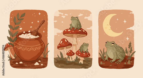 Whimsical nature scene with frogs and mushrooms under moonlit sky