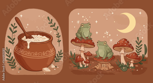 Enchanted night: frogs and mushrooms under the moonlight in whimsical art