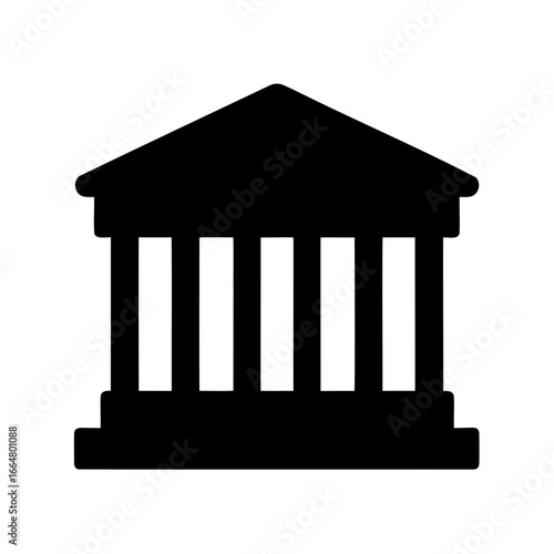 Black silhouette of a classical building with columns and triangular pediment