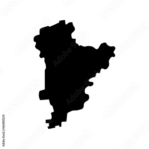 Black silhouette of an irregular landmass isolated against a white background