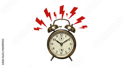 Retro alarm clock with red lightning bolts on white background