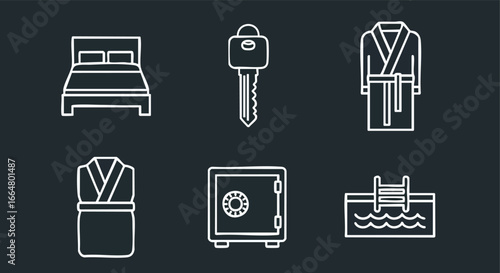 Elegant Hotel Amenities Pictograms Set on Dark Background Showcasing Comfort and Security Features of High-End Accommodation Services