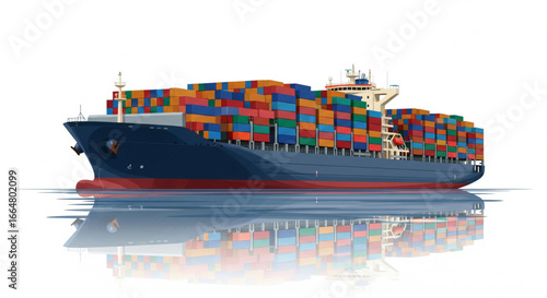 A large container ship, laden with colorful cargo containers, sails on calm waters, its reflection visible below.