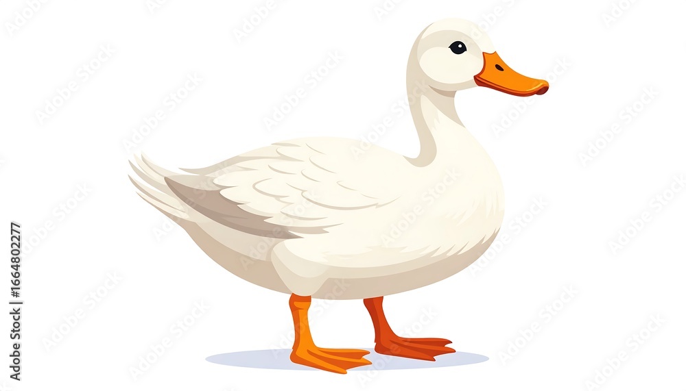 Obraz premium A side view of a cartoonish, white duck, with bright orange beak and feet, presented against a plain white background.