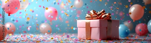 Colorful birthday gift box with confetti and balloons
