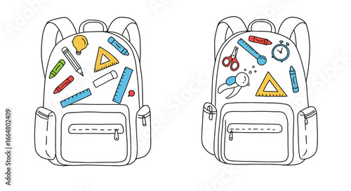 Colorful school supplies on backpacks in modern line art for back to school season