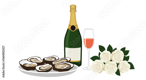 Luxury dining: champagne and oysters with white roses