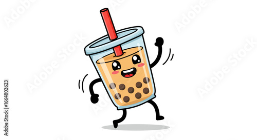Cartoon bubble tea with cheerful face and boba pearls in transparent cup