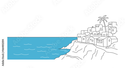 Minimalist coastal village scene with blue sea and cliffside houses