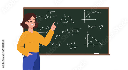 Teacher explaining math concepts on chalkboard in classroom scene