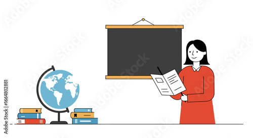 Flat style classroom scene with teacher, blackboard, and books
