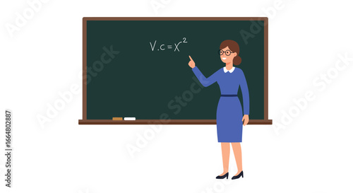Female teacher explaining equation on classroom blackboard in flat design