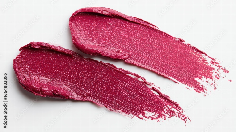 Fototapeta premium Deep red and bright pink creamy lipstick swatches on white for Valentine's beauty tutorial.