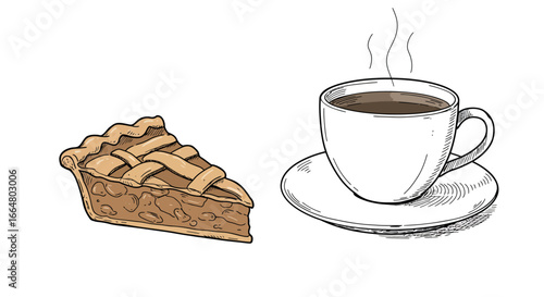 Steaming coffee cup and pie slice in hand drawn style