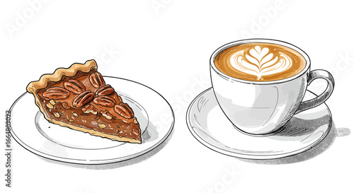 Delicious pecan pie slice with latte art coffee on plates