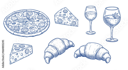Hand drawn delights: pizza, cheese, wine glasses, and croissants in rustic style