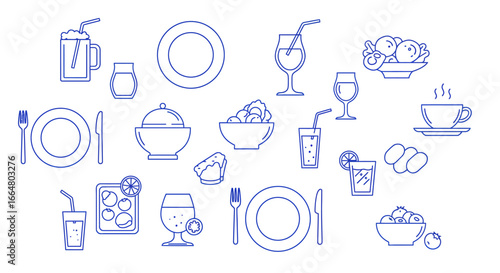 Elegant blue outline dining icons featuring drinks, dishes, and cutlery for modern restaurant designs