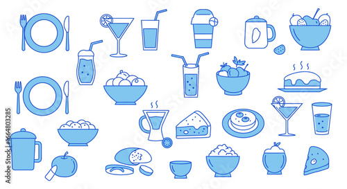 Minimalist blue line art of food and drink icons with simple design elements