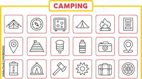 Collection of camping icons and symbols for outdoor adventure