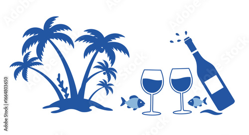 Tropical island celebration with palm trees and wine elements in blue silhouette