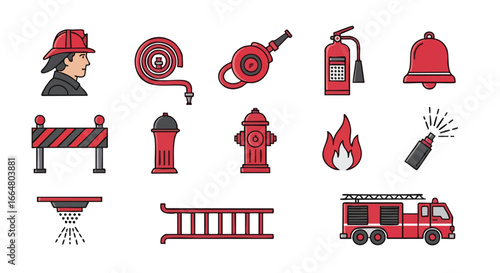 Emergency response icons illustrate firefighting operations and safety apparatus and firefighter in action scene flat vector, ready for any use
