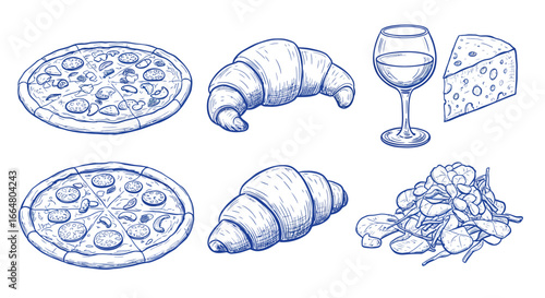 Hand drawn culinary delights: pizza, croissant, wine, cheese, and salad art