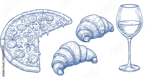 Blue sketch of pizza, croissants, and wine glass on white background
